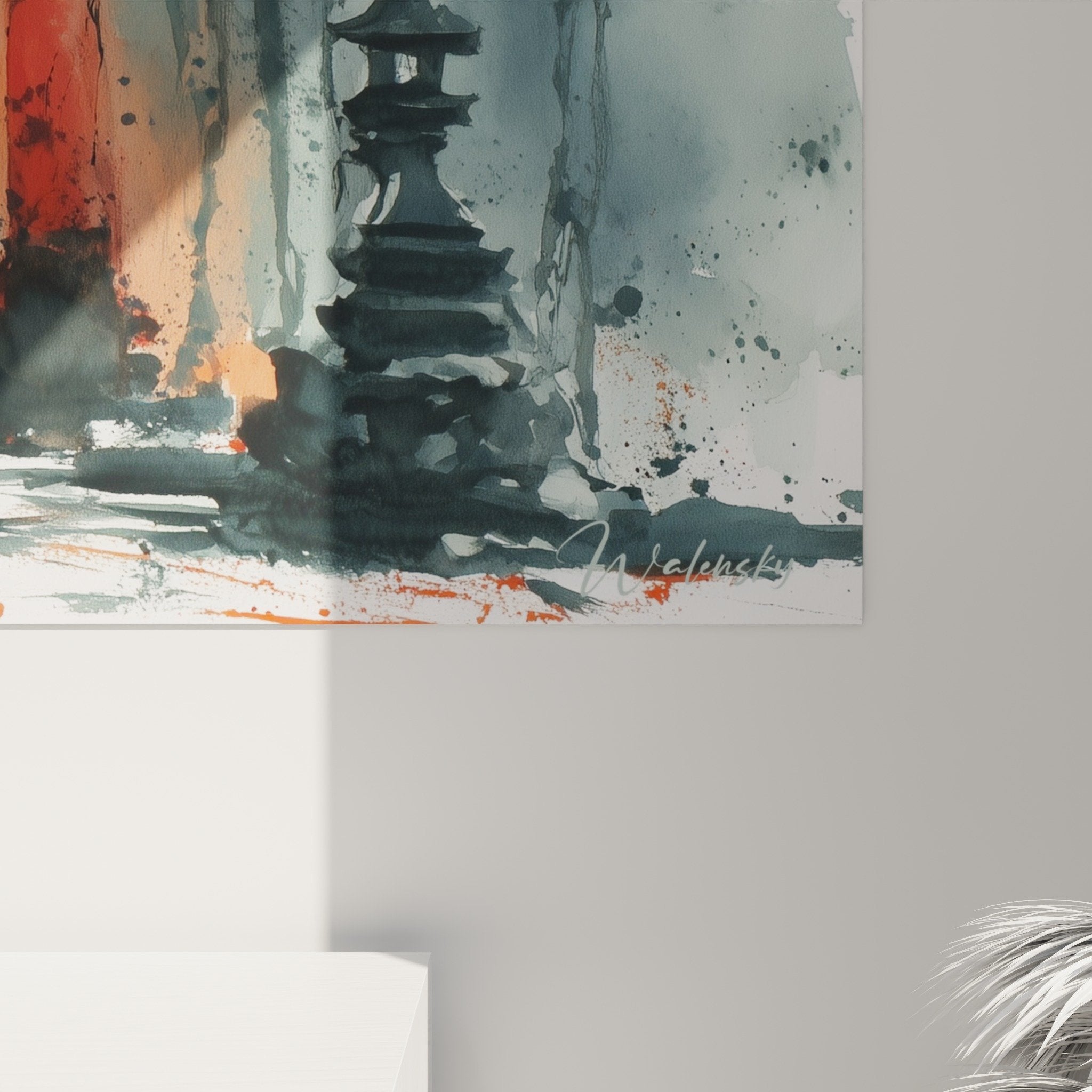 Vue ensemble torii rouge mystique aquarelle salon contemporain décoration zen spirituelle japonaise