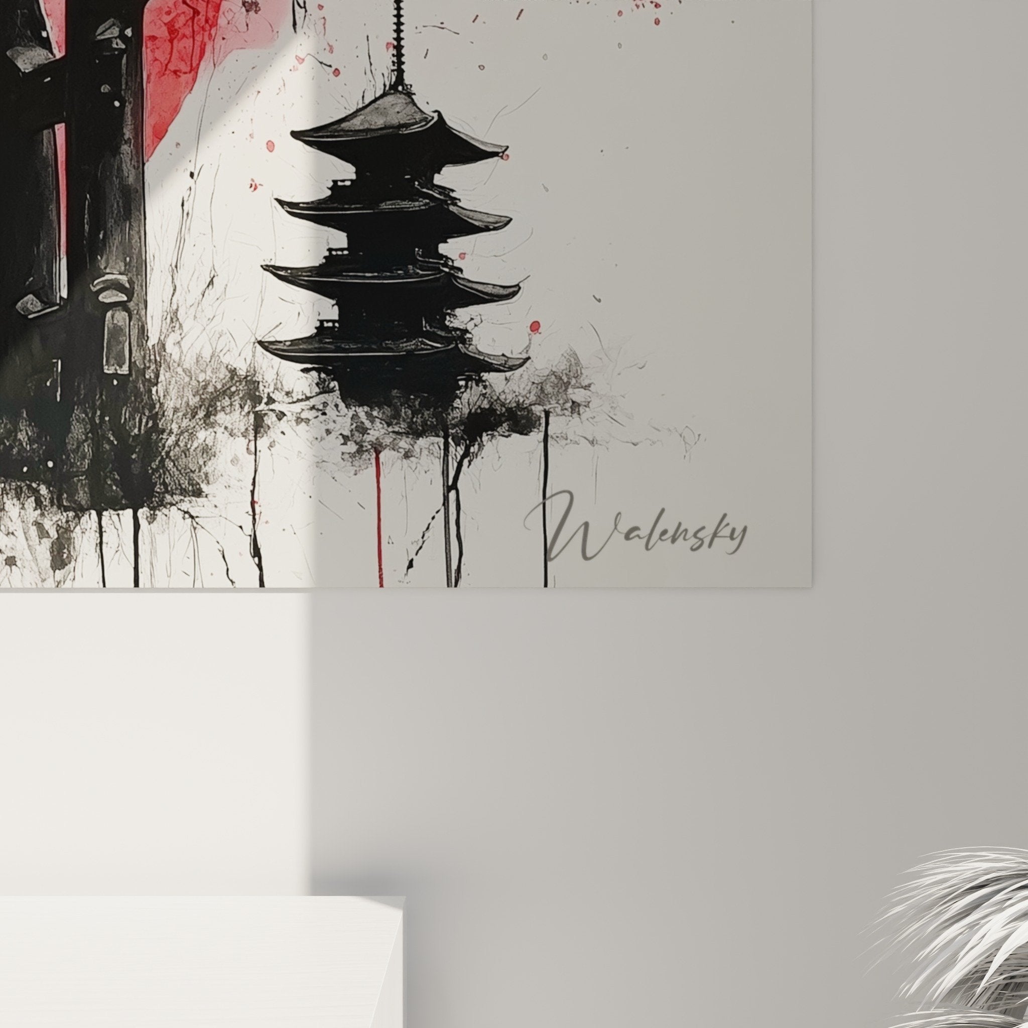 Vue ensemble tableau torii sanctuaire japonais soleil rouge branches fleuries decoration murale moderne