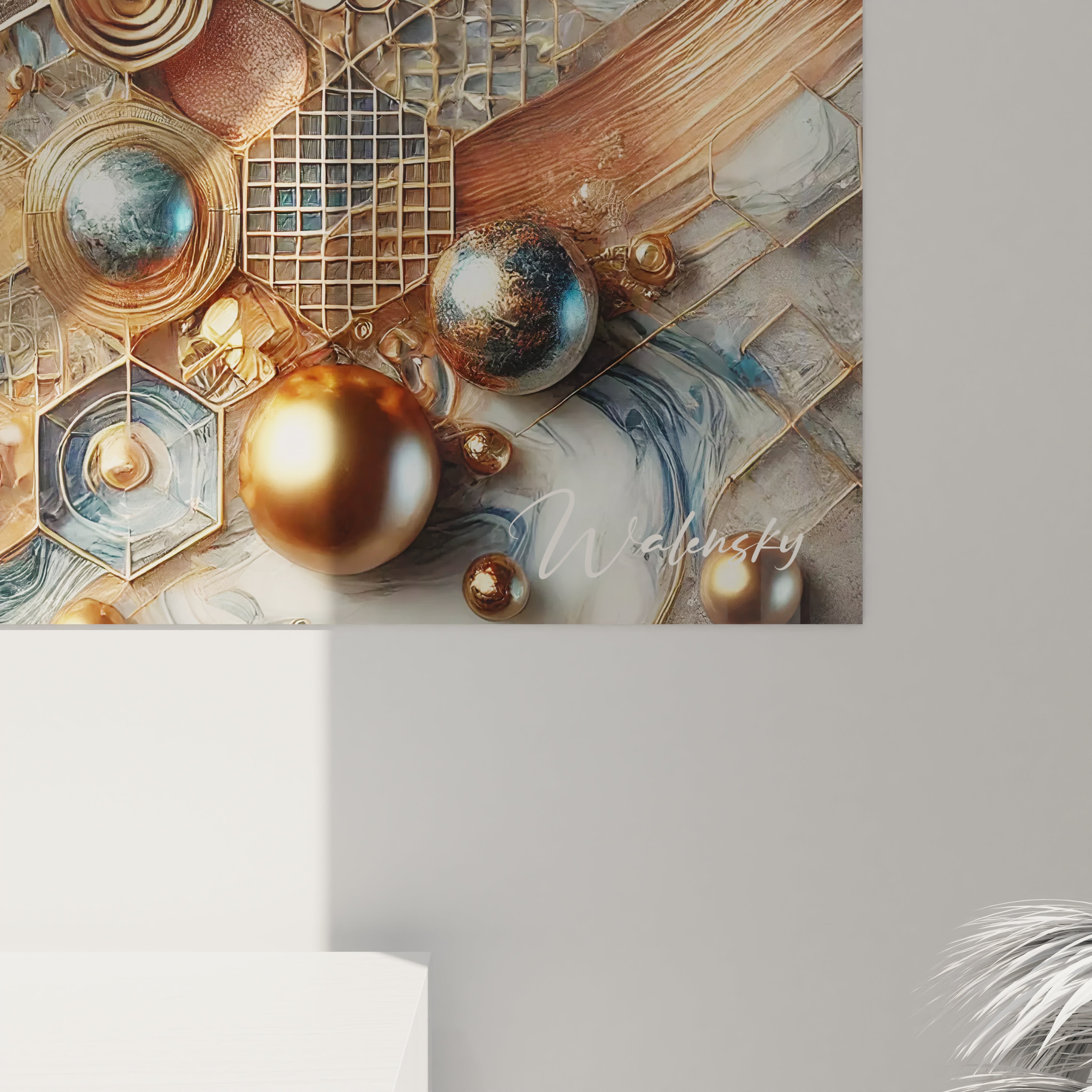 Vue rapprochée de ce tableau style epoxy où les sphères dorées et les lignes métalliques créent un effet tridimensionnel, offrant une immersion totale dans l’équilibre entre fluidité et précision géométrique.