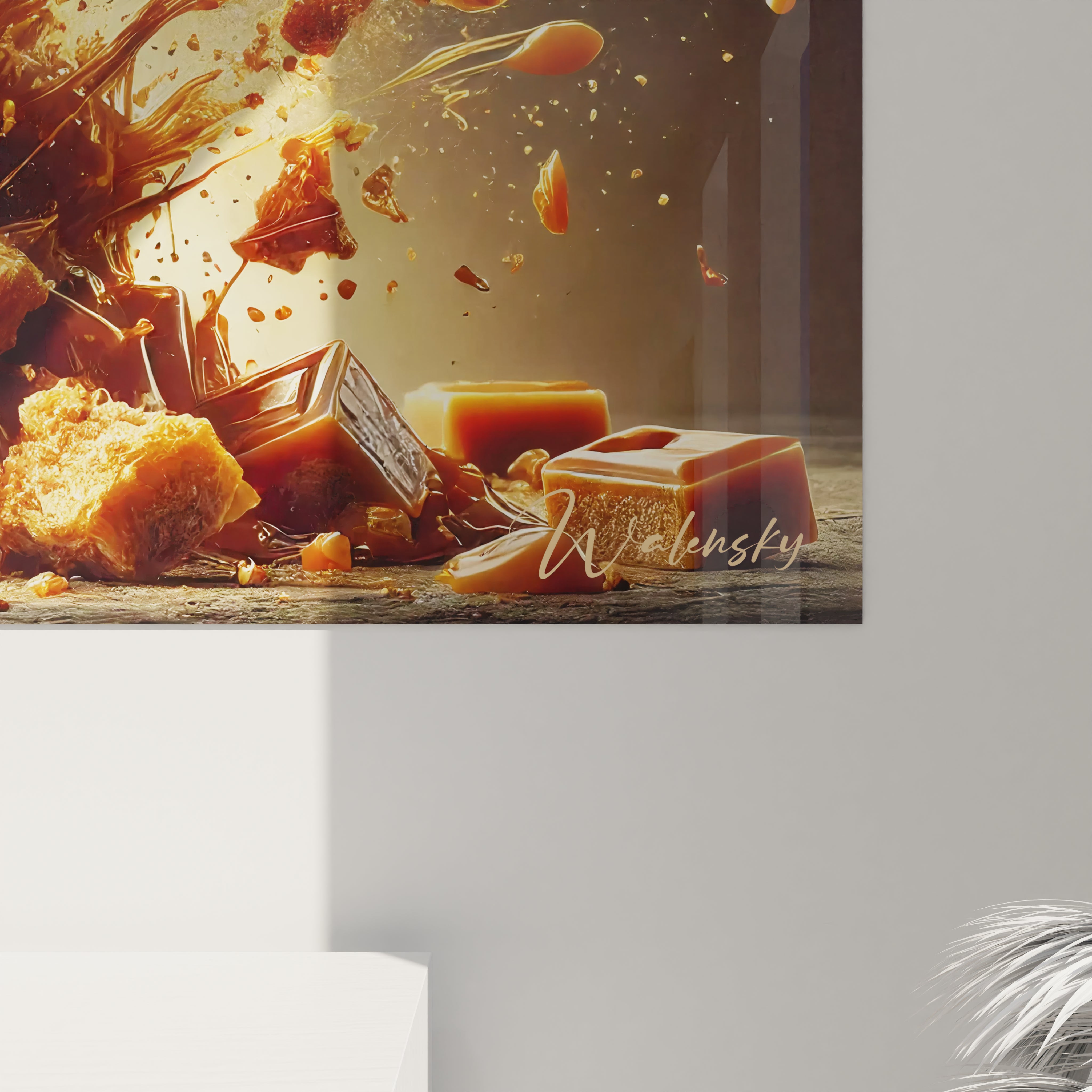 Vue de près du tableau cuisine, chaque éclat de caramel et chaque filet de sucre semblent capturer l'énergie d'une explosion sucrée, avec des reflets dorés et bruns vibrants.