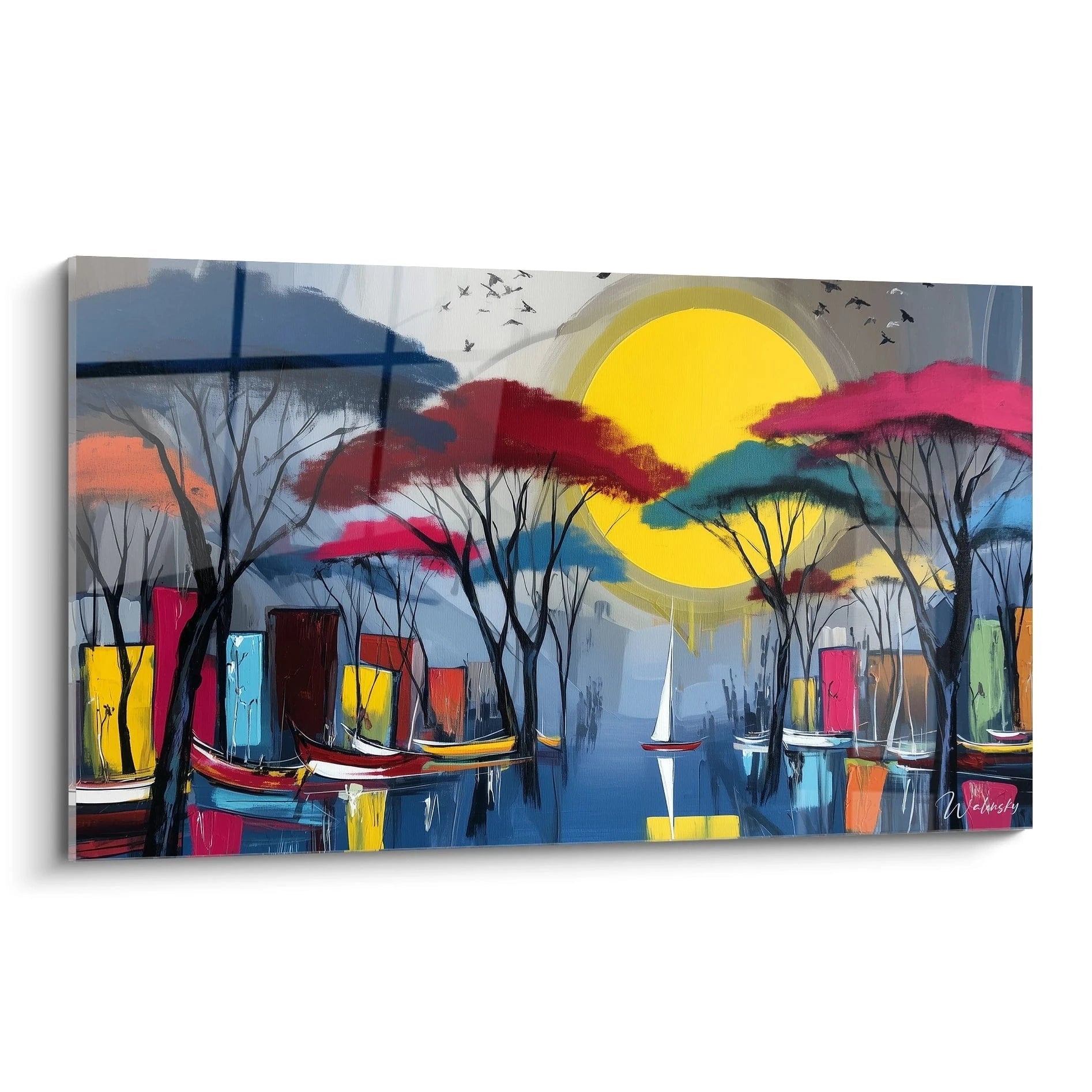 Tableau mural paysage africain contemporain avec des arbres colorés et des voiliers sur un lac au coucher du soleil