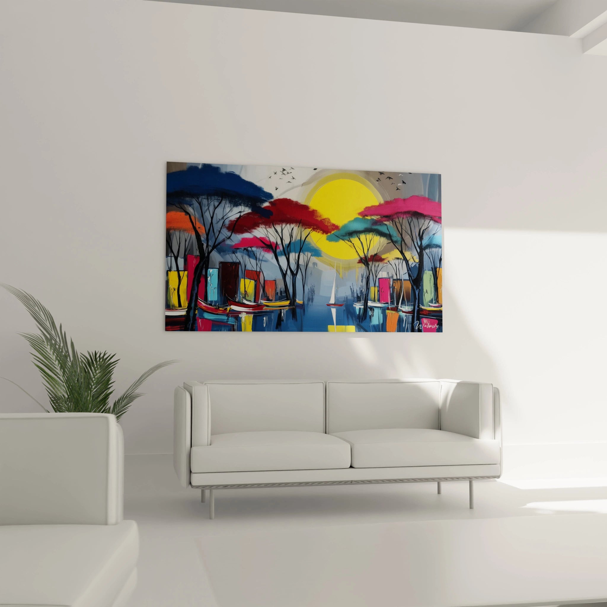 Tableau paysage africain contemporain avec des arbres colorés et un soleil éclatant sur fond moderne