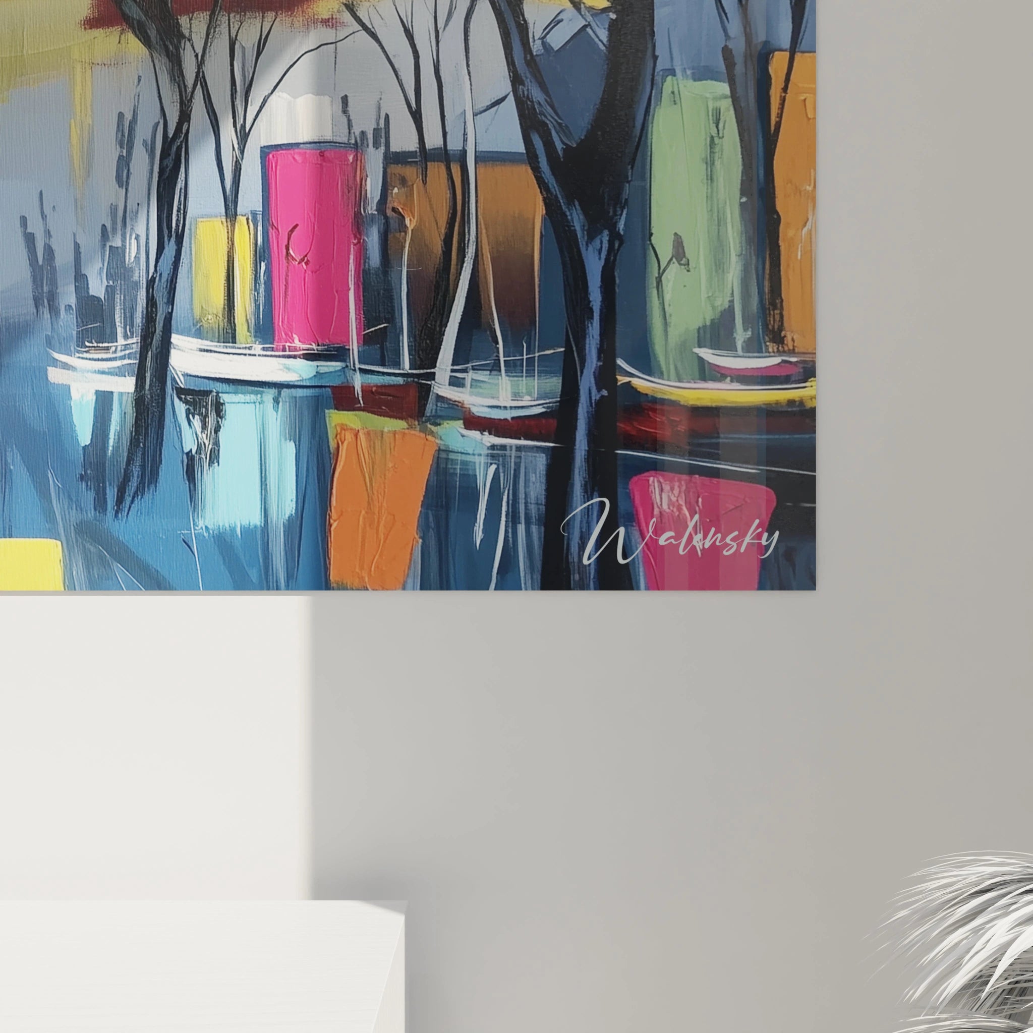 Tableau paysage africain contemporain de Walensky avec des couleurs vives et des arbres abstraits