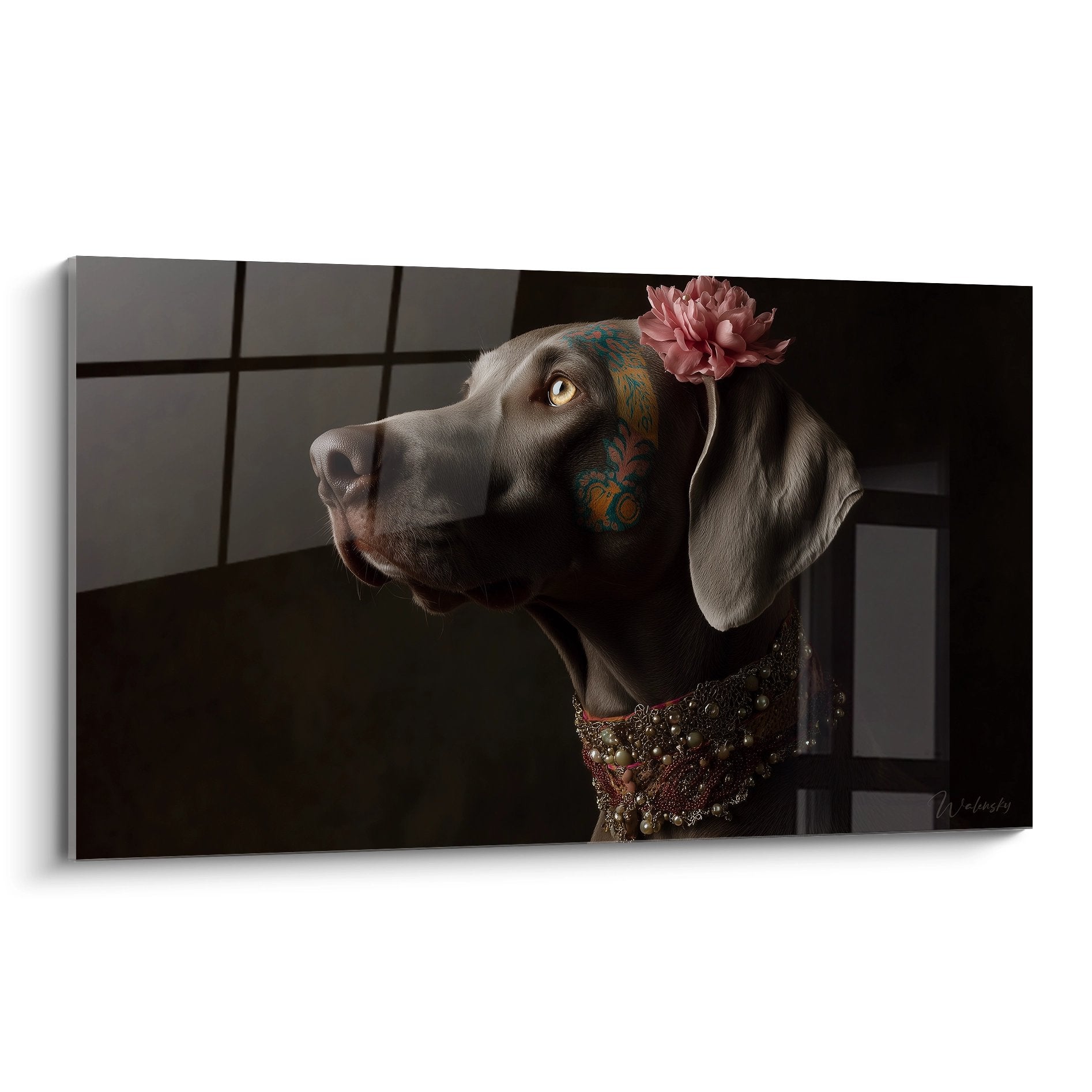Portrait artistique weimaraner gris motifs floraux fleur rose collier scintillant fond sombre
