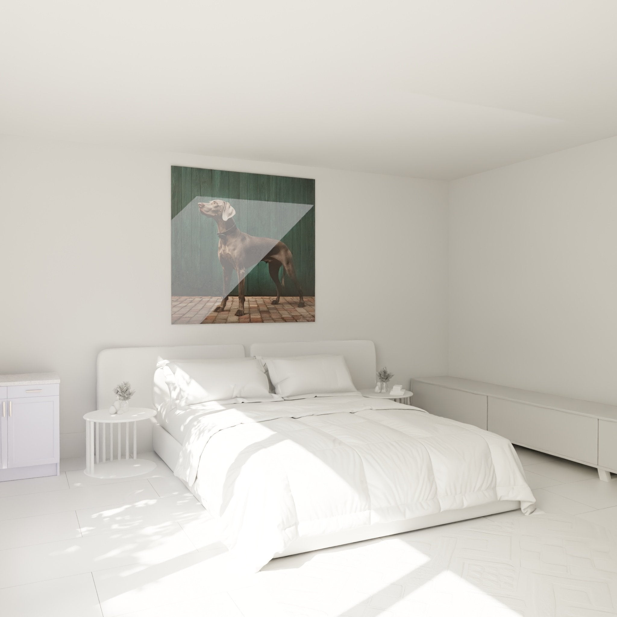 Tableau Weimaraner gris aristocratique dans chambre élégante aux tons neutres et mobilier raffiné