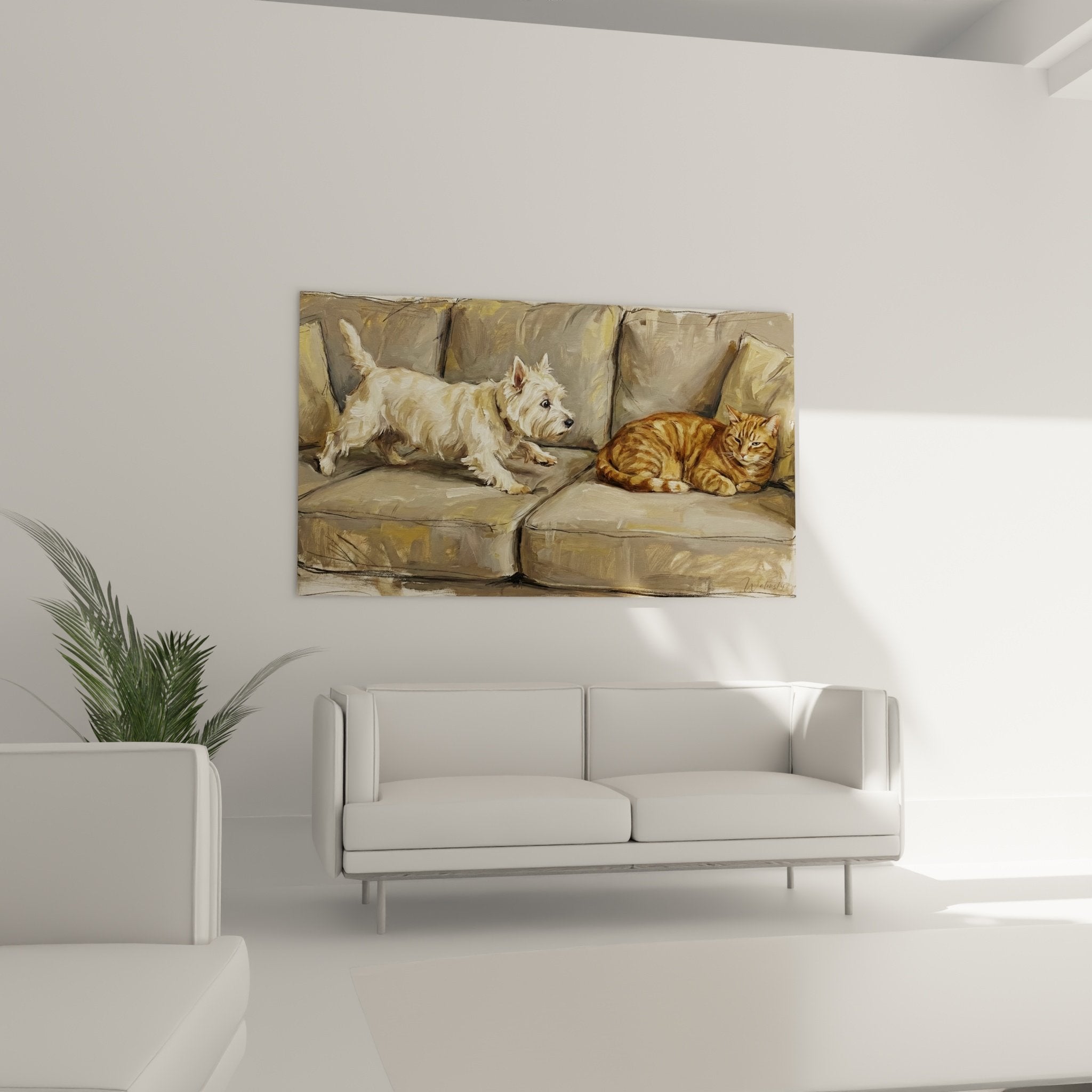 Detail West Highland White Terrier blanc et chat tigre roux texture pelage peinture realiste