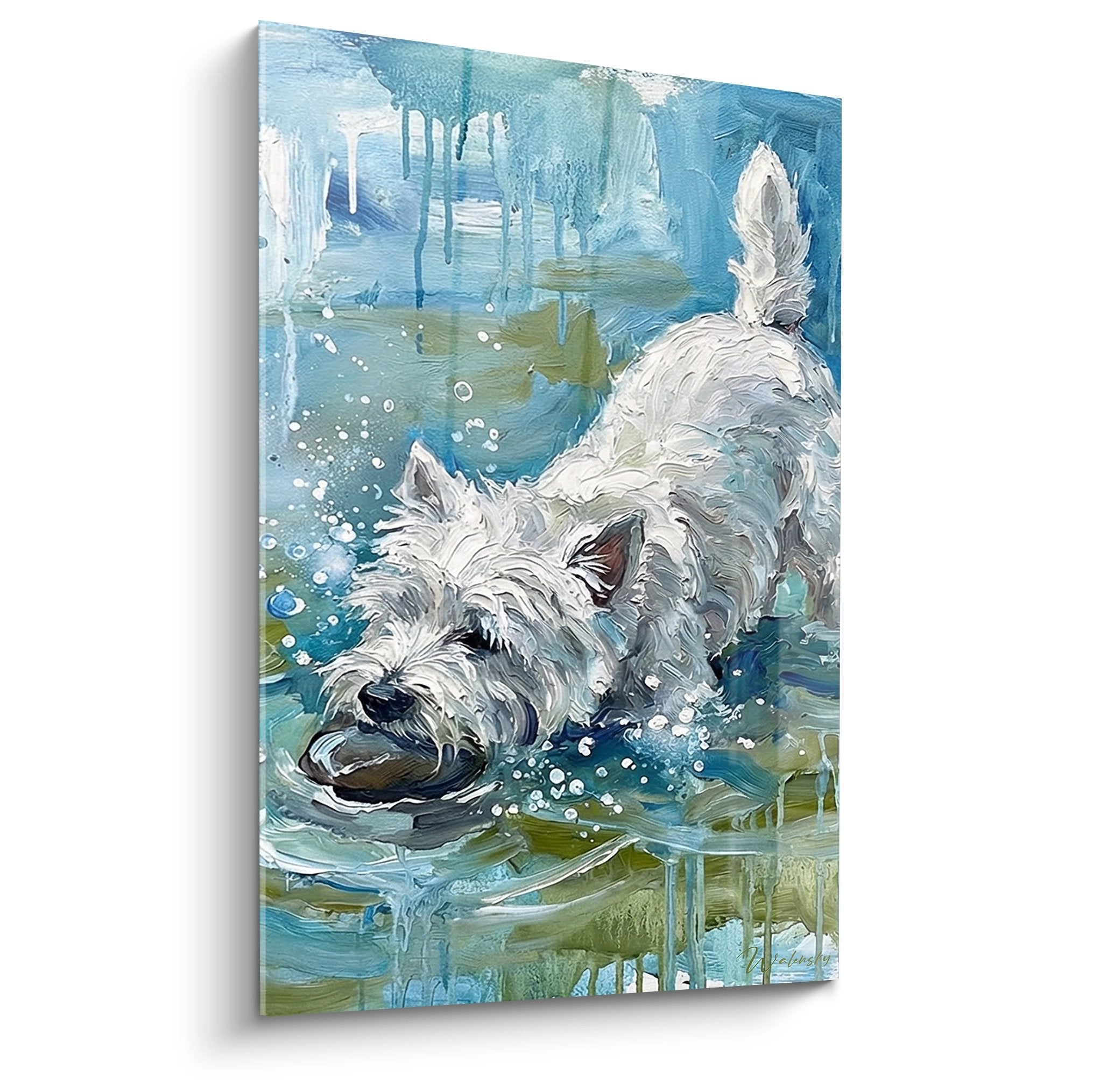 Tableau West Highland White Terrier blanc jouant dans eau bleu turquoise avec eclaboussures cristallines