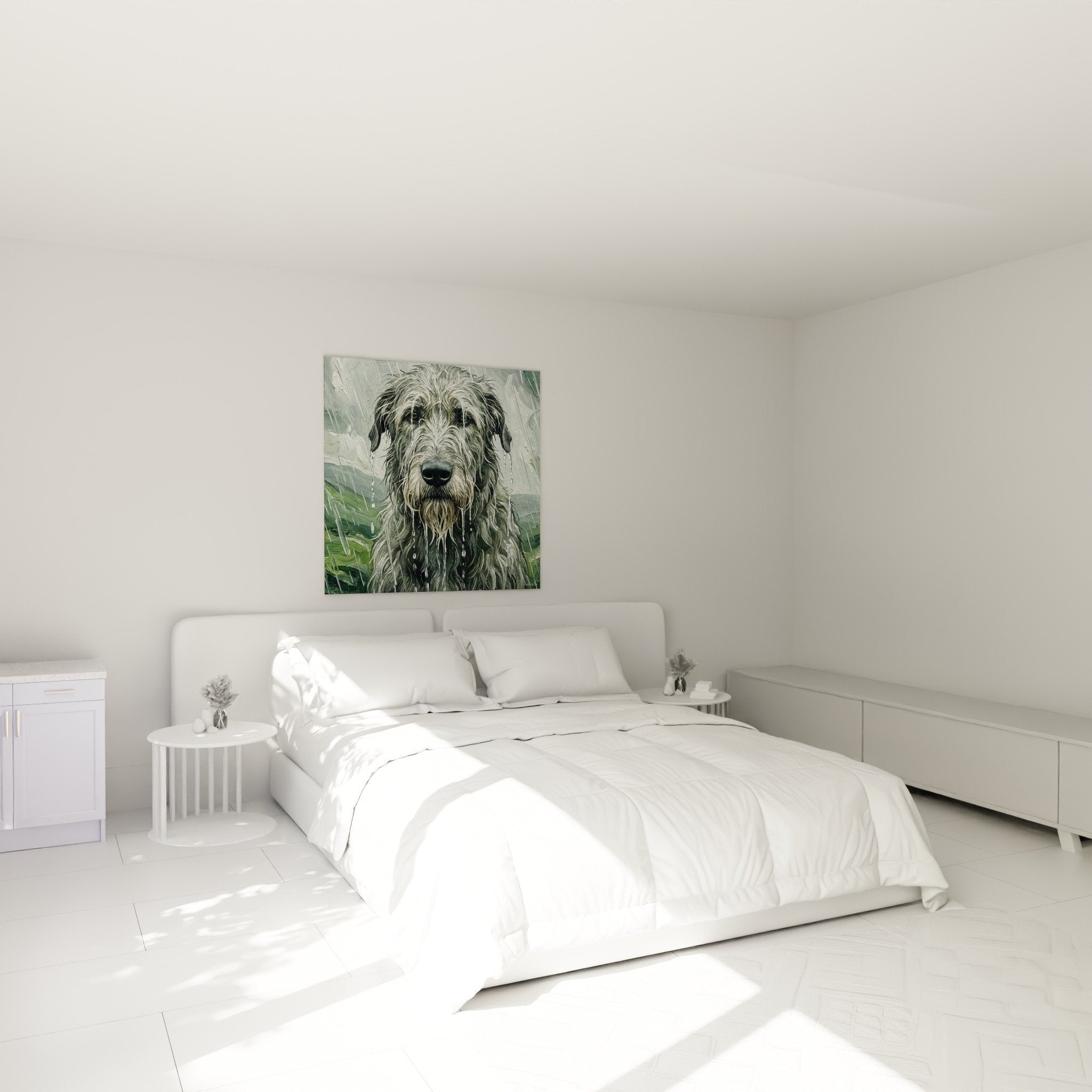 Quadro cane irlandese piovoso in camera accogliente, decorazione murale rilassante toni neutri