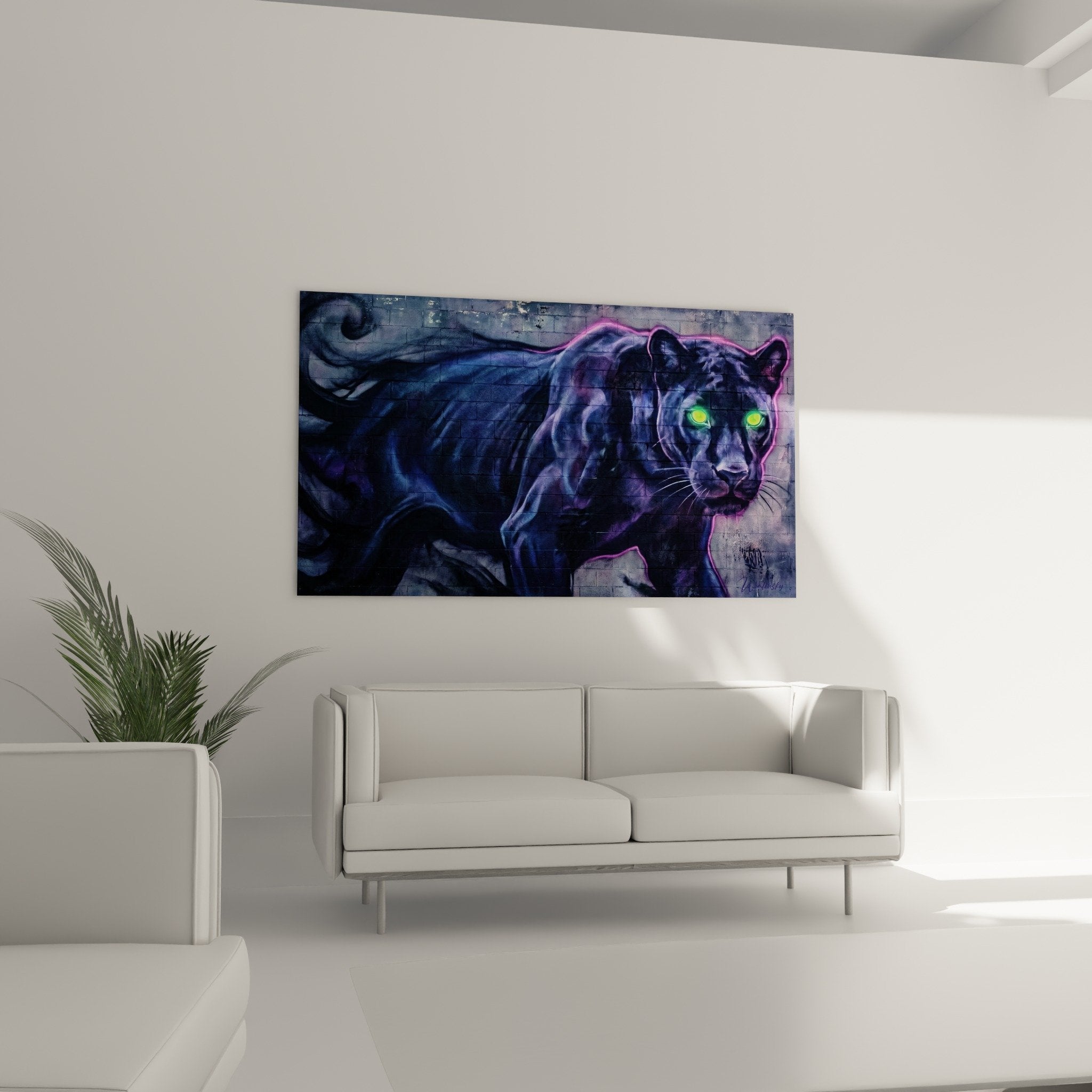 Nahaufnahme elektrisch grüne Augen Panther Street Art neon rosafarbene Konturen felinartige Details