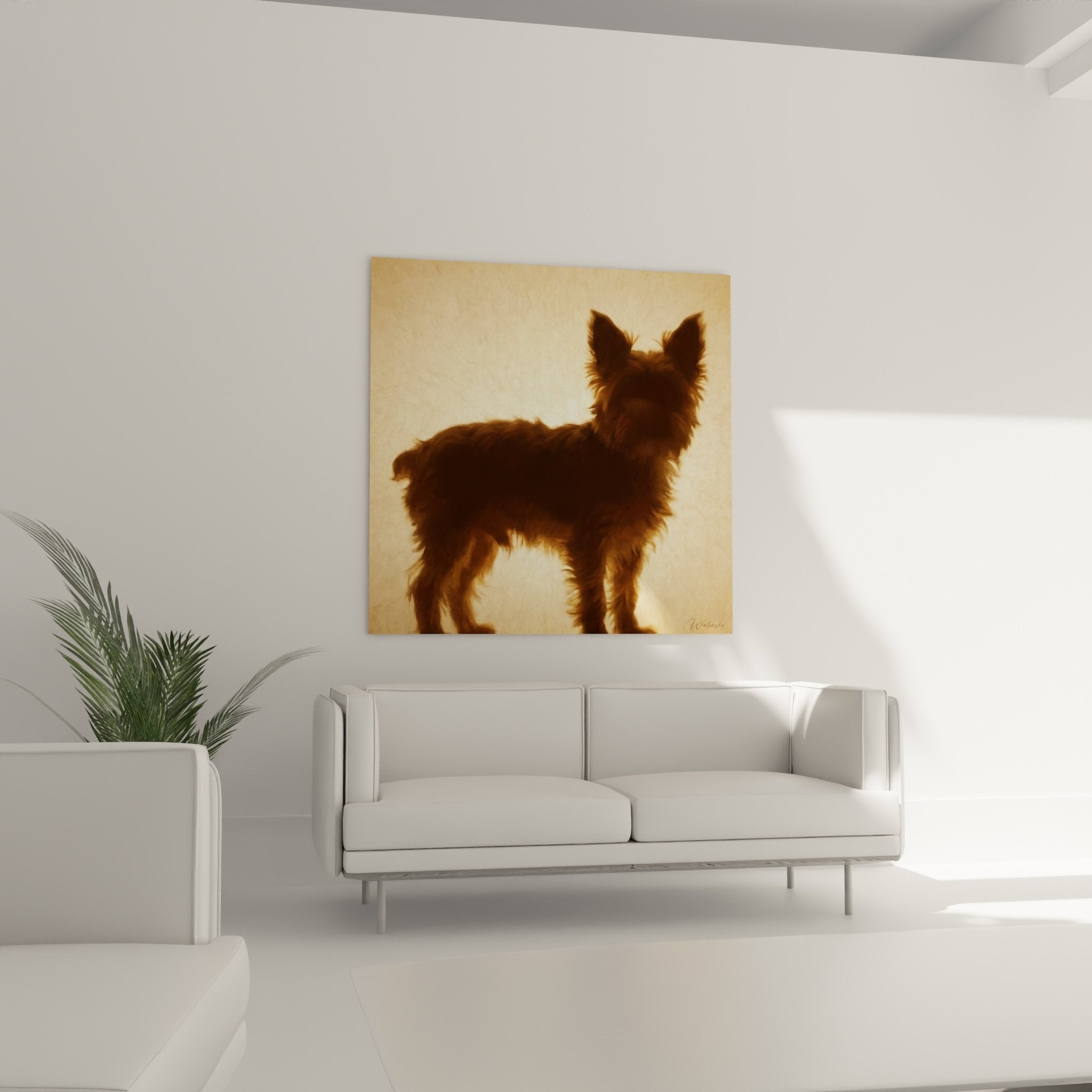 Detail Yorkshire Terrier silhouette ombre chinoise effet contre-jour tons chauds beige dore