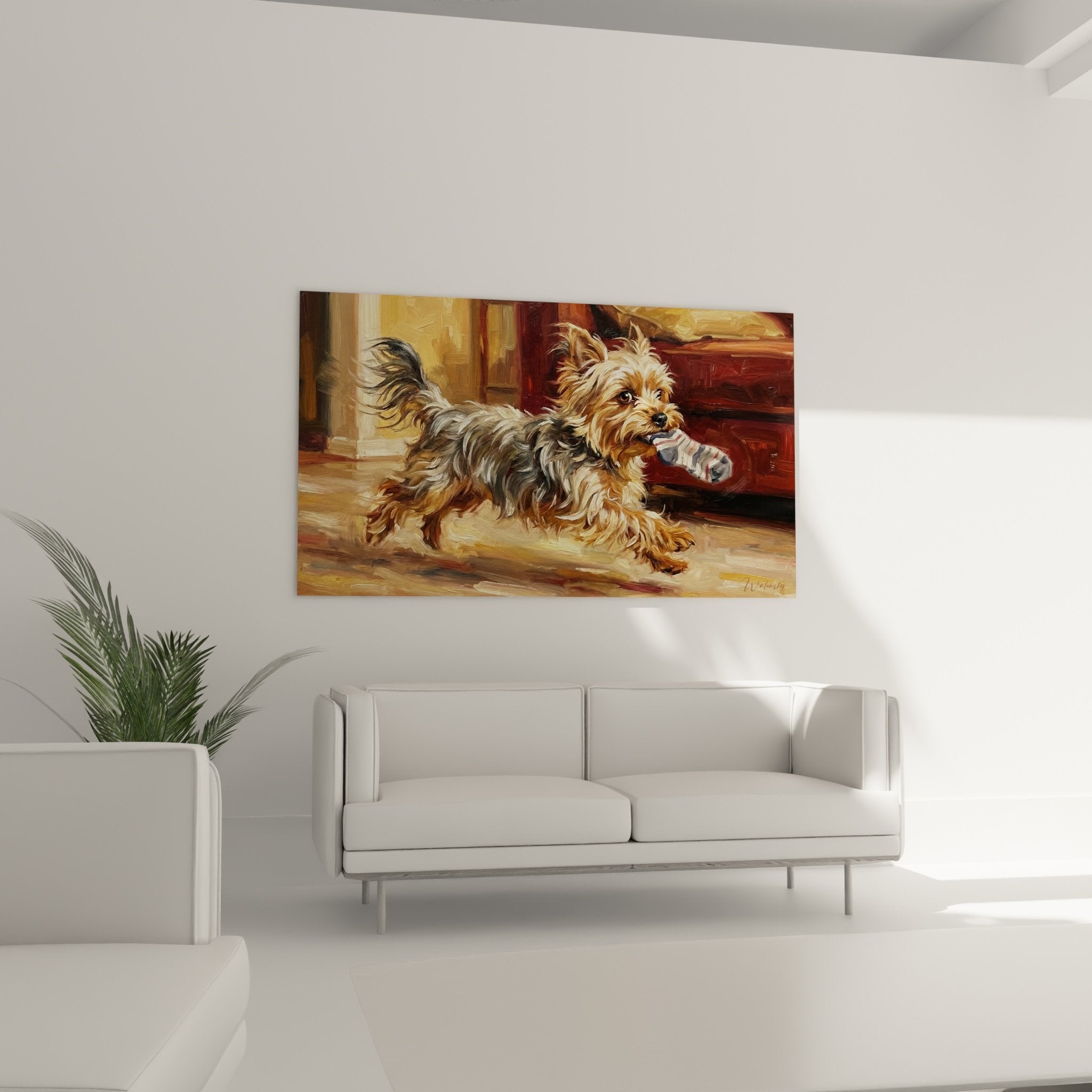 Detail Yorkshire Terrier peinture pelage dore argente texture coups pinceau expressifs