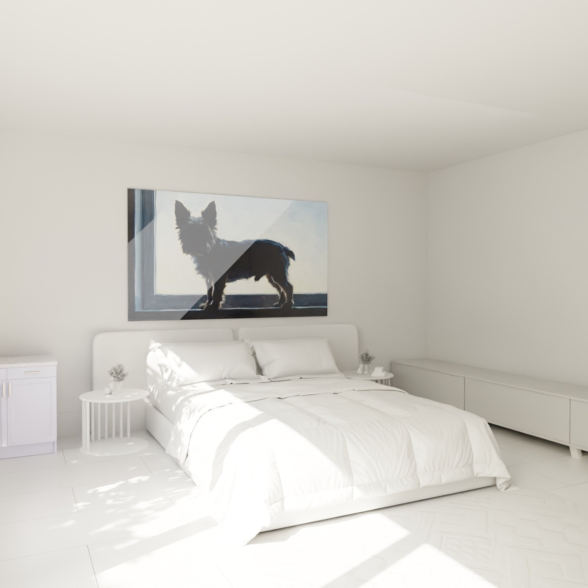 Tableau chien fenêtre chambre decoration murale Yorkshire Terrier ambiance apaisante tons bleus