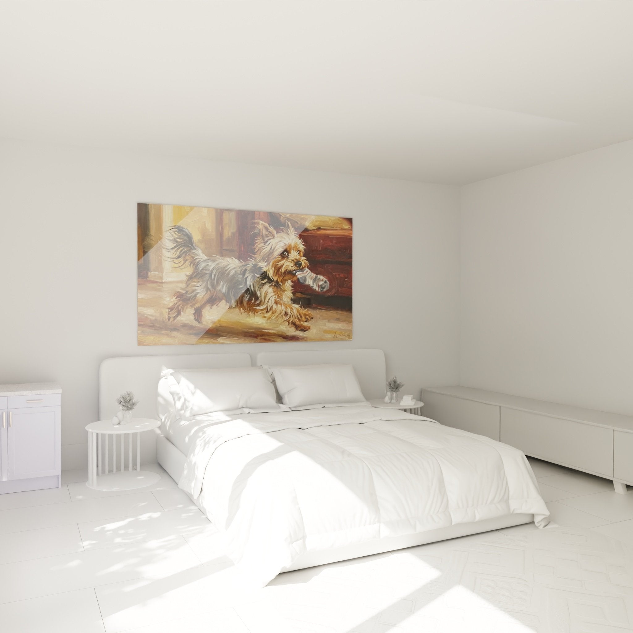 Tableau Yorkshire Terrier joueur dans chambre cosy decoration murale chaleureuse tons beiges