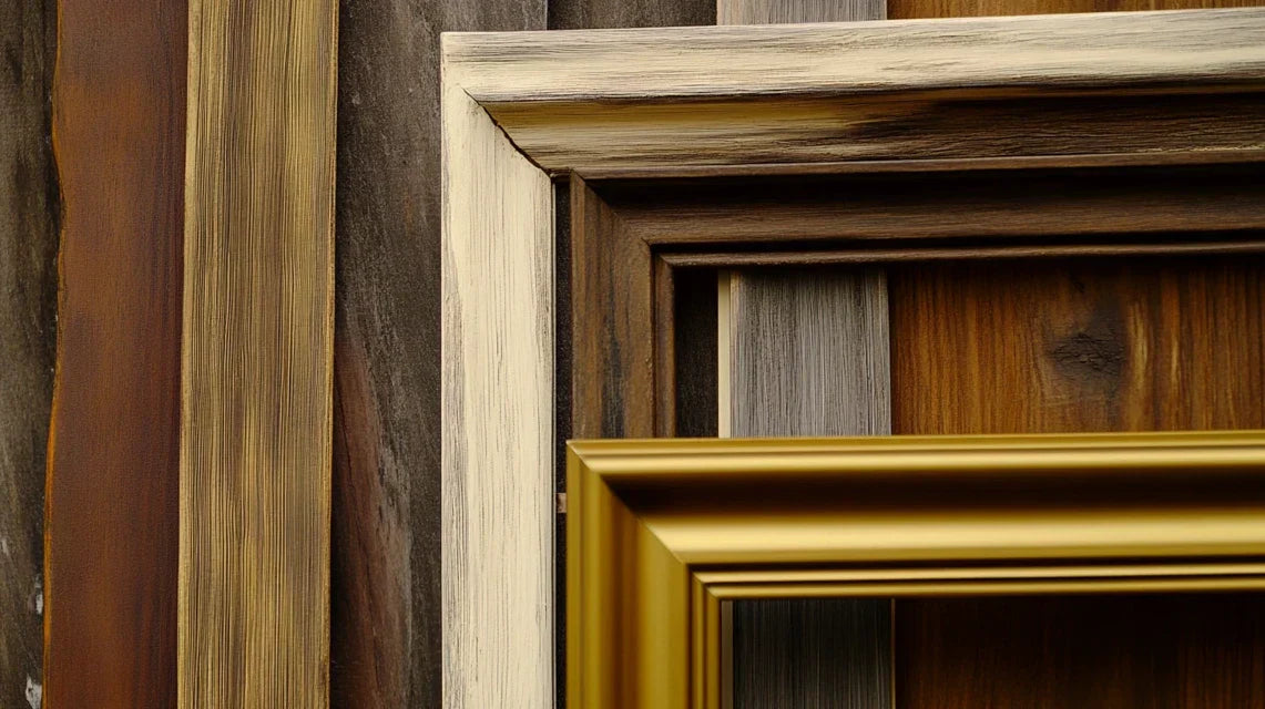 Composition décorative montrant le mariage parfait entre des cadres en bois massif et d'autres matériaux comme le métal, le verre et la céramique dans différents arrangements intérieurs.