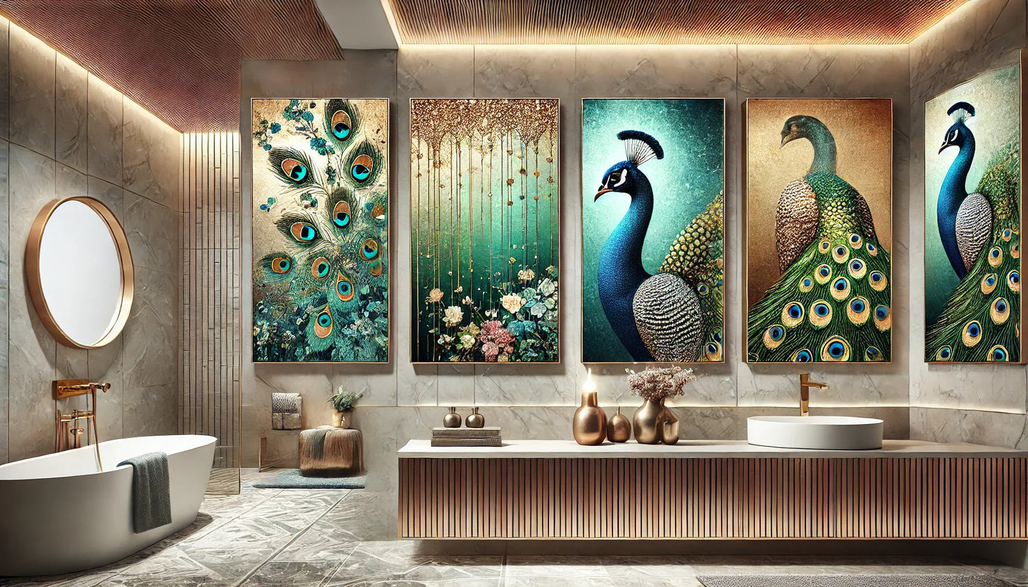 Composition horizontale mettant en scène quatre tableaux paon artistiques. Chaque tableau met en valeur des plumes éclatantes dans des teintes de bleu, vert et or, parfaitement intégrés dans un décor de salle de bain moderne et luxueuse. L’ensemble crée u