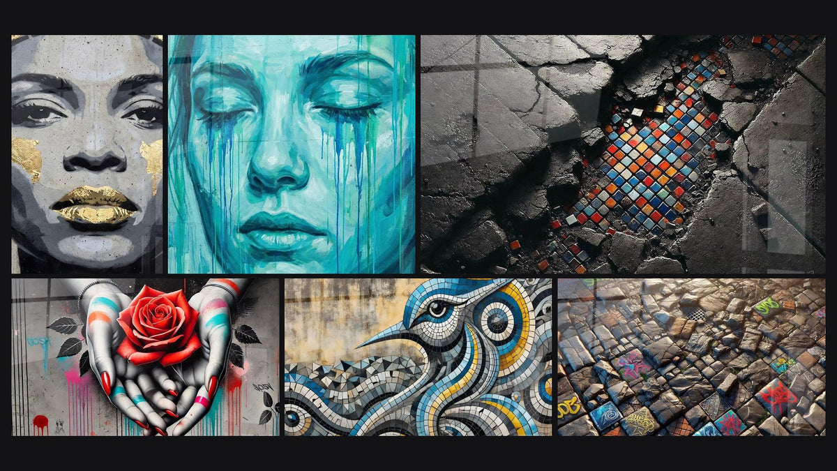Mosaïque de six tableaux, dont Street art N°8, Chant des Carreaux et Les Couleurs des Pavés