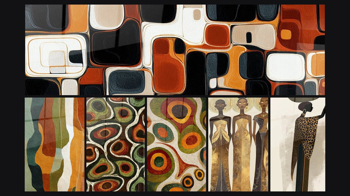 Mosaic of six paintings, including Geometric Shapes, Undulating Forms and Circular organic patterns