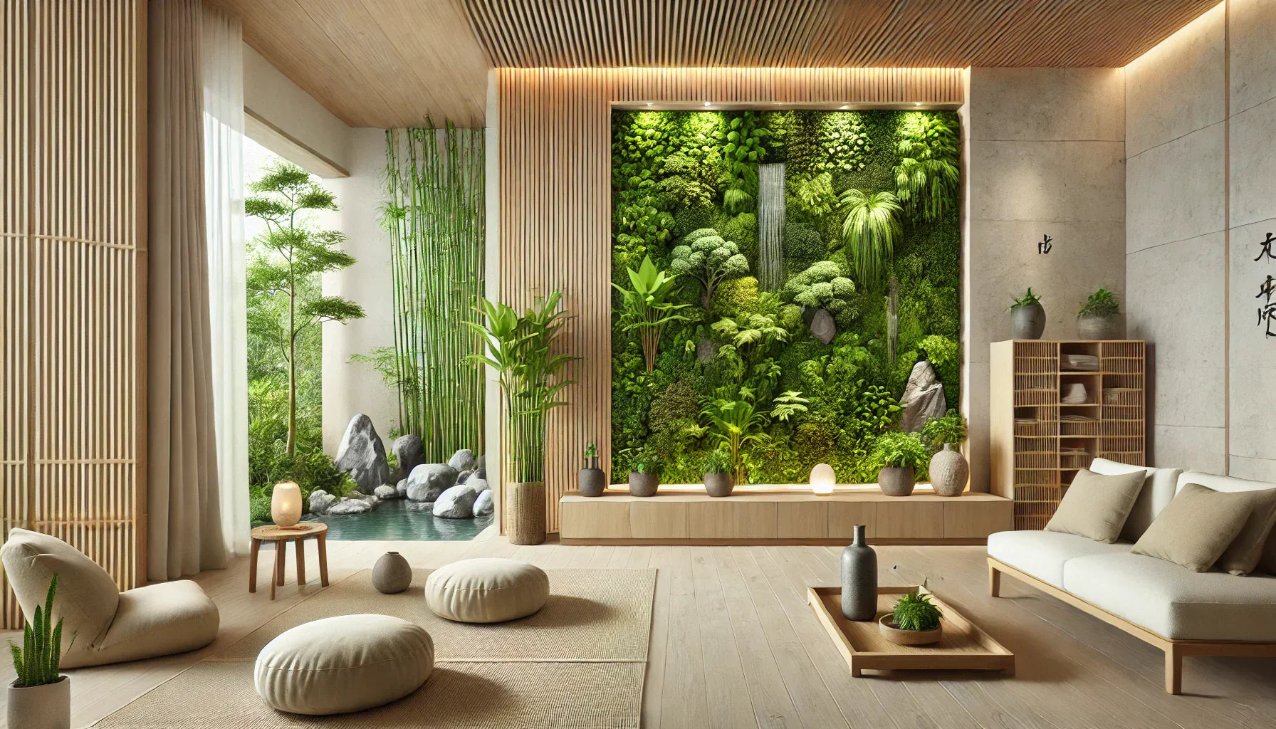 Mur végétal luxuriant intégré dans une décoration murale zen, apportant une touche de nature et d’harmonie dans un intérieur minimaliste et apaisant.