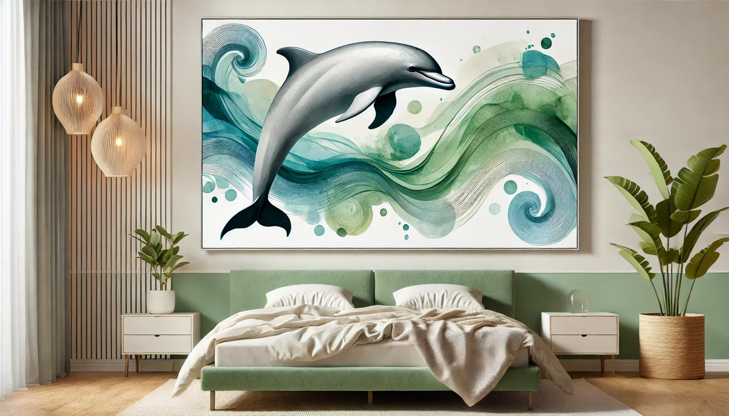 Tableau dauphin en aquarelle moderne, art mural apaisant pour chambre, design abstrait avec teintes vertes et bleues pour décoration zen.