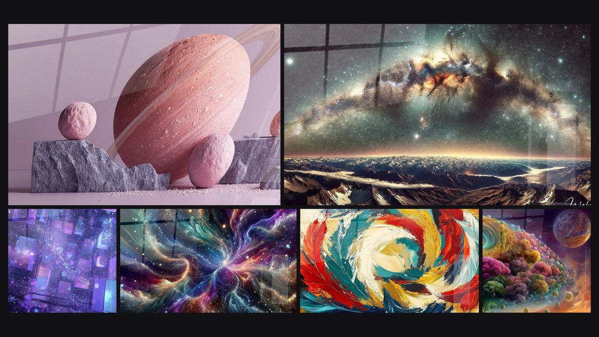 Mosaico di sei quadri, tra cui Pianeta rosa con anelli, Cubetti cristallini cosmici di e Infinità Cosmica Maestosa