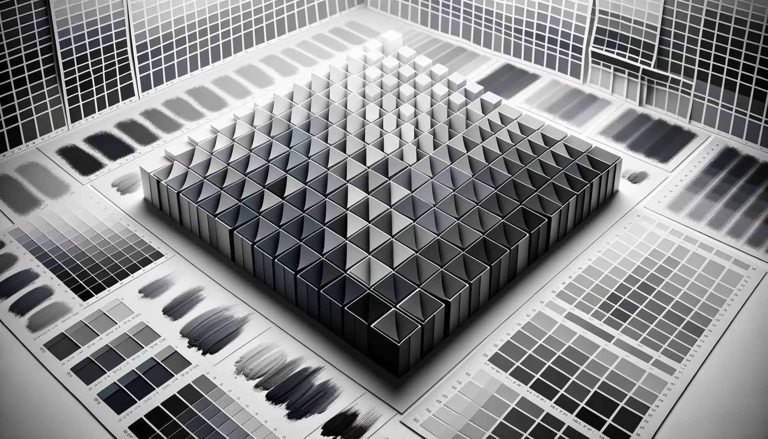 Charte professionnelle de 30 nuances de gris distinctes progressant méthodiquement du blanc pur au noir profond