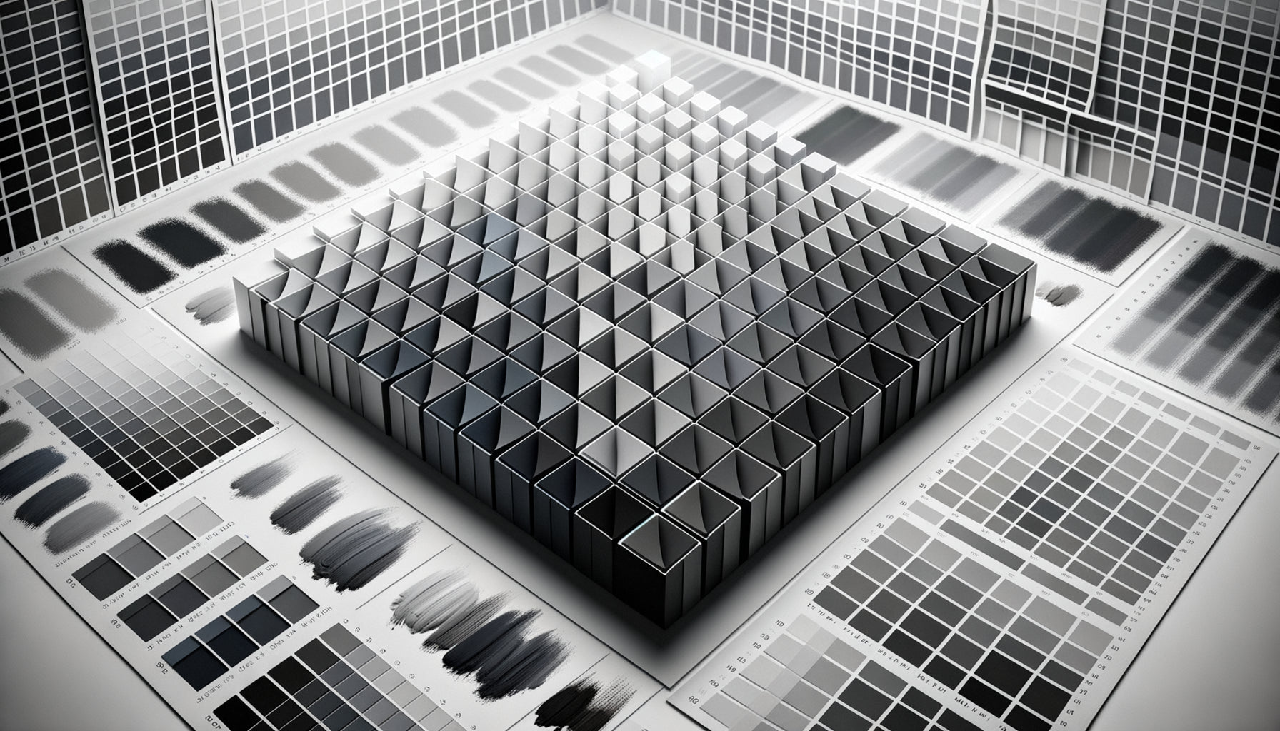 Charte professionnelle de 30 nuances de gris distinctes progressant méthodiquement du blanc pur au noir profond