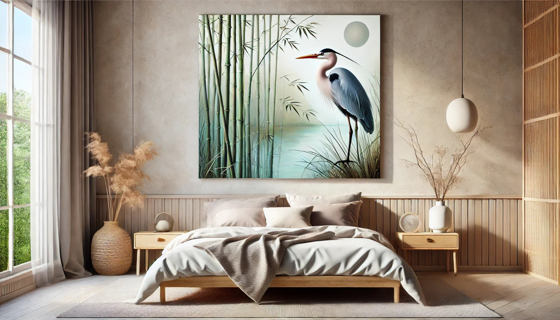 Tableau minimaliste de héron dans une chambre apaisante, décorée de bambous et de couleurs douces. Un design élégant et moderne qui apporte sérénité et harmonie à l’espace.