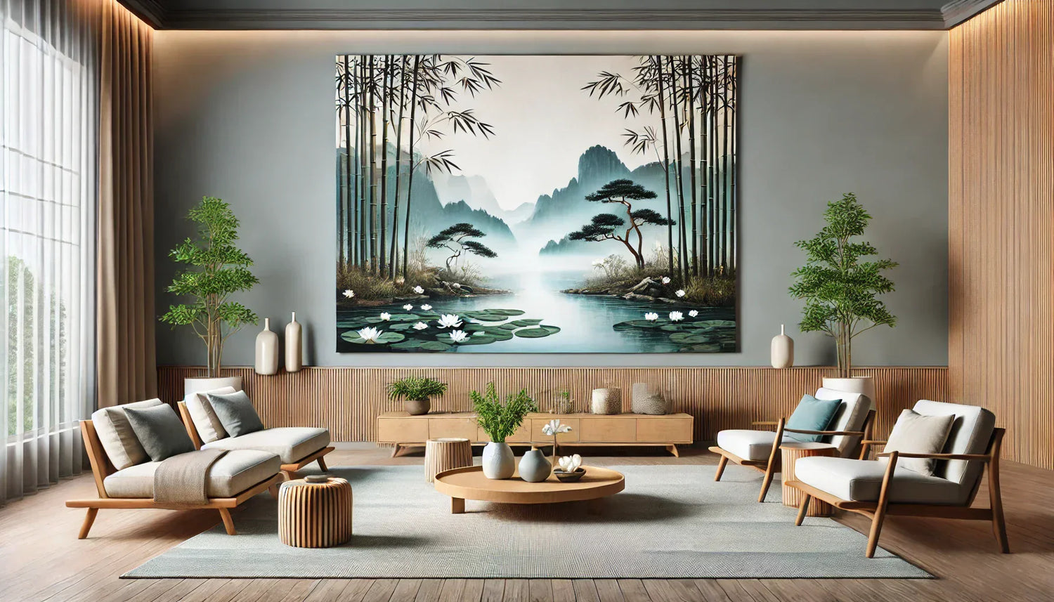 Salon moderne avec un tableau déco zen représentant un paysage japonais apaisant, sublimé par une décoration murale minimaliste et une ambiance naturelle.