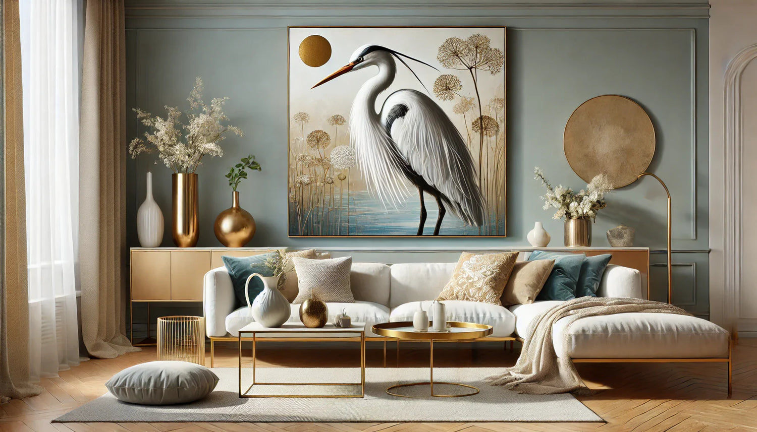 "Salon raffiné et apaisant avec un tableau héron majestueux, apportant une touche de sérénité à l'espace grâce à ses couleurs subtiles et son design fluide."