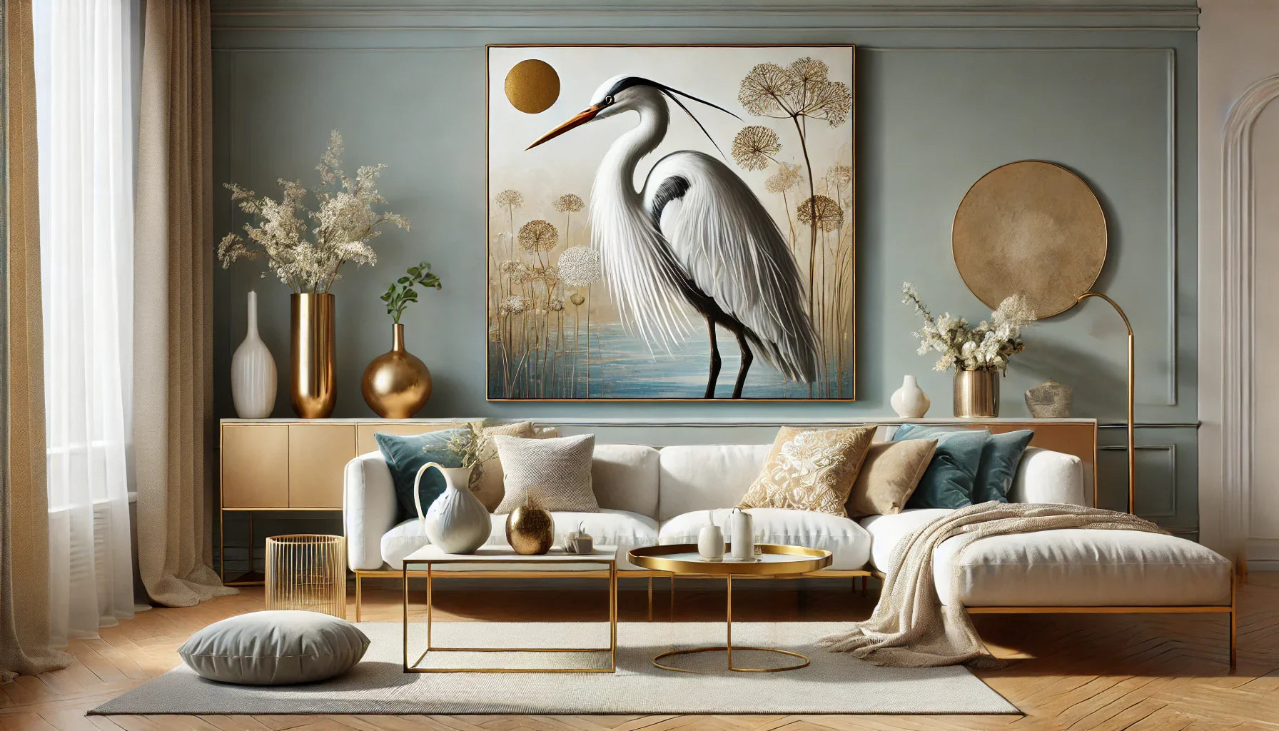 "Salon raffiné et apaisant avec un tableau héron majestueux, apportant une touche de sérénité à l'espace grâce à ses couleurs subtiles et son design fluide."