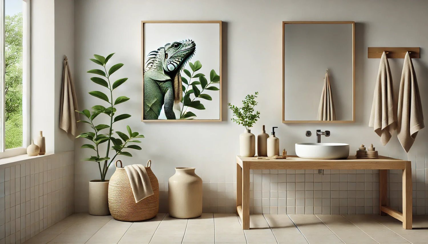 Tableau d'iguane avec des couleurs subtiles dans une salle de bain minimaliste, ambiance apaisante et moderne, idéal pour une décoration raffinée et naturelle.