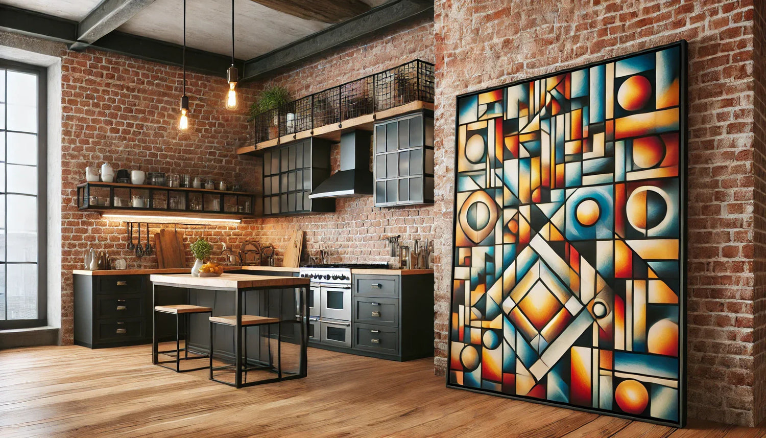 Pourquoi un tableau cubisme s'intègre-t-il si bien dans une cuisine ouverte industrielle chic ?