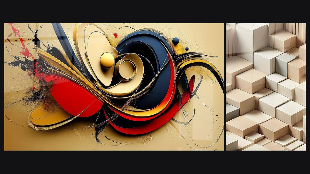 Two paintings side by side: Dynamic Abstract and Minimalism Sculpted