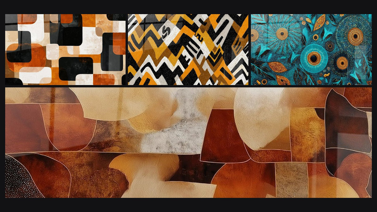 Mosaic of four paintings, including Geometric Shapes, Geometric Pattern and African Floral Patterns