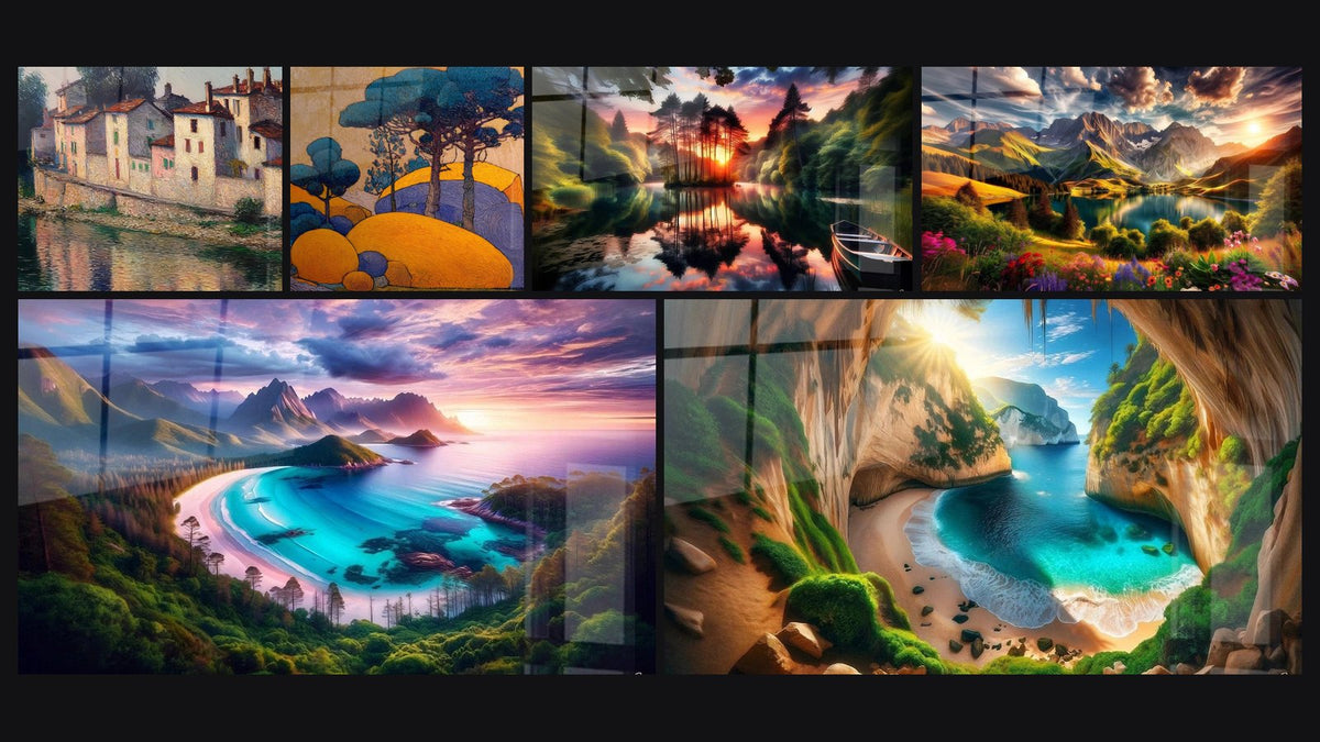 Mosaico di sei quadri, tra cui Paesaggistica mediterranea stilizzata e Barca Dimenticata nell'Eden Segreto