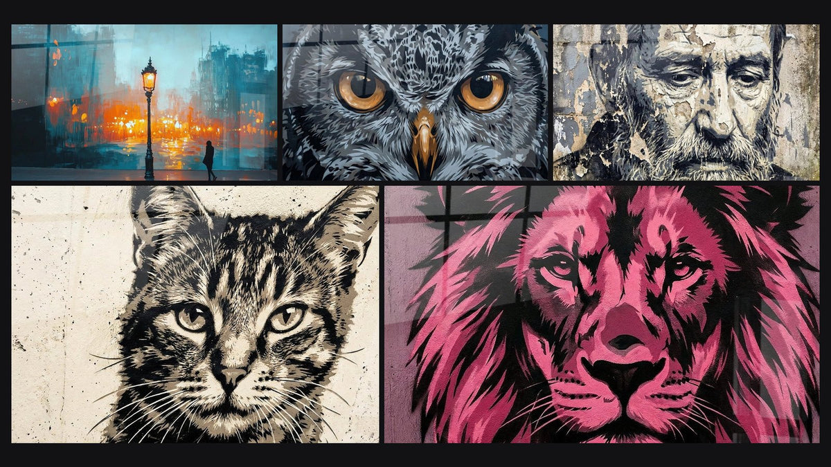 Mosaico de cinco cuadros, entre ellos Farol Solitario y León rosa fucsia con tonos violáceos