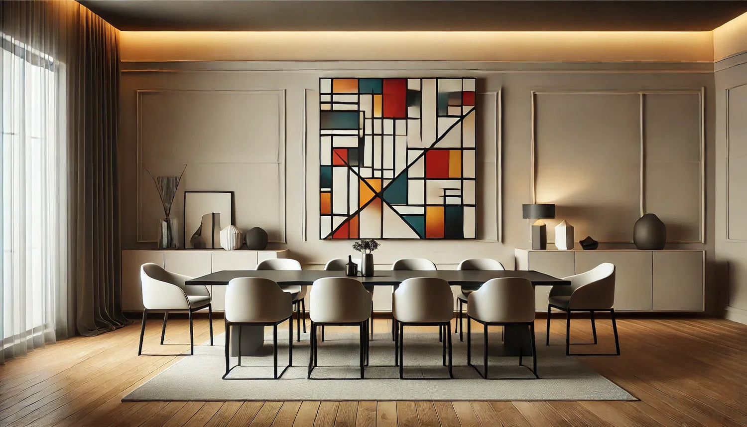 Sublimer une Salle à Manger Contemporaine Minimaliste avec un Tableau Cubiste : Un Mariage Audacieux et Réussi