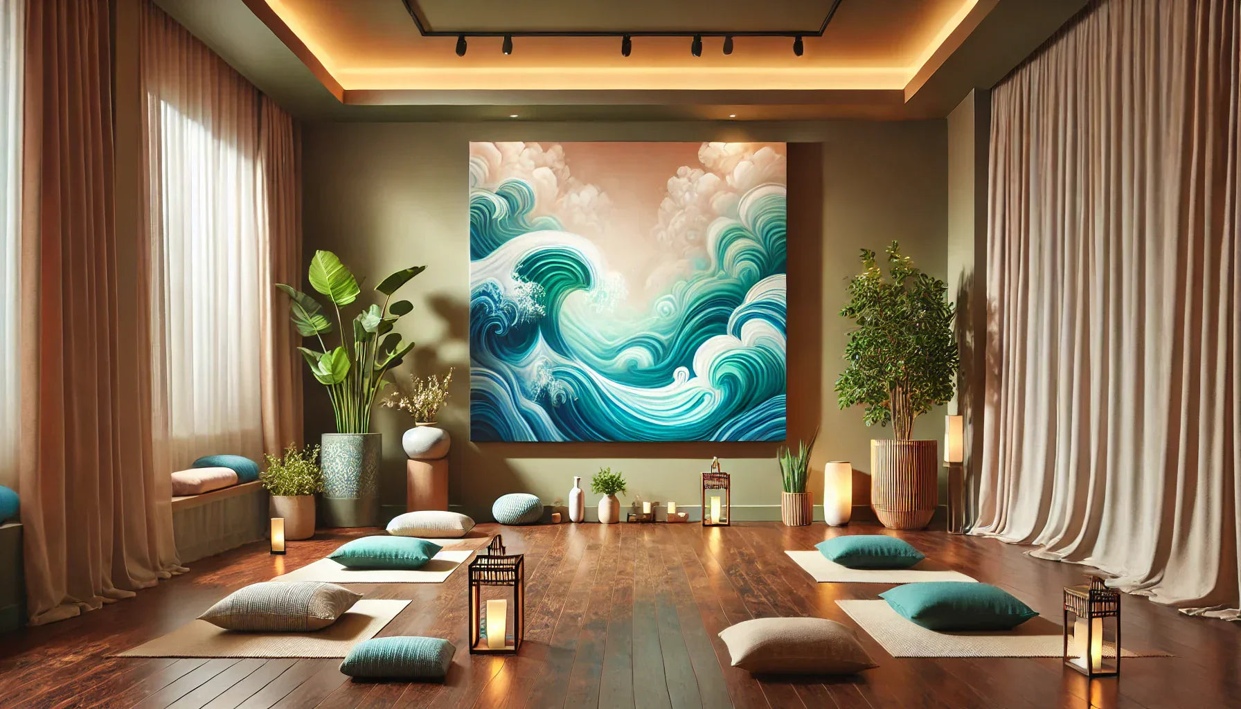 Un tableau relaxation aux teintes douces et motifs zen, accroché dans un cabinet de sophrologie, apportant une décoration murale apaisante et favorisant une atmosphère de bien-être.