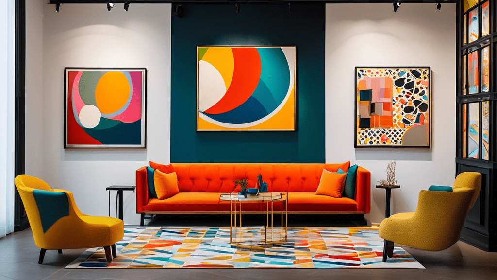 Brightly colored room with modern abstract acrylic paintings on the walls, an orange sofa, yellow chairs, and a geometric-patterned rug.