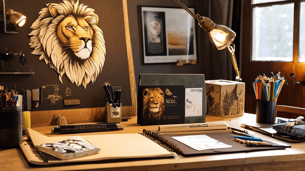Artistic workspace with lion artwork on wall, sketchbooks, and art supplies on desk, exemplifying animal art mastery.