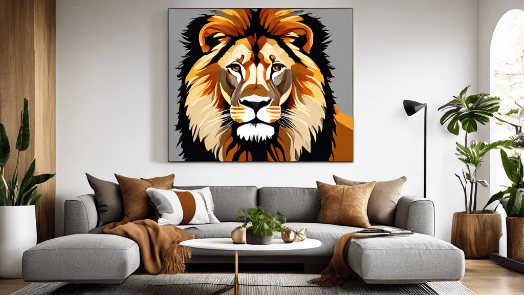 Stylish living room with a vibrant lion painting above a gray sofa, accented with brown cushions and lush green plants, showcasing elegant decor.
