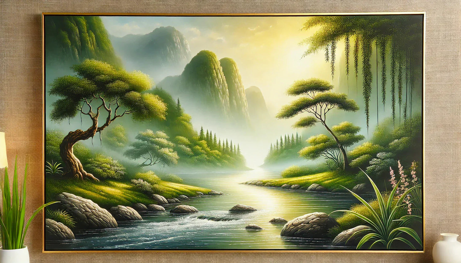 Tableau de paysage zen avec une cascade apaisante, idéalement orienté selon les principes du Feng Shui pour favoriser l’harmonie et la sérénité dans un intérieur.