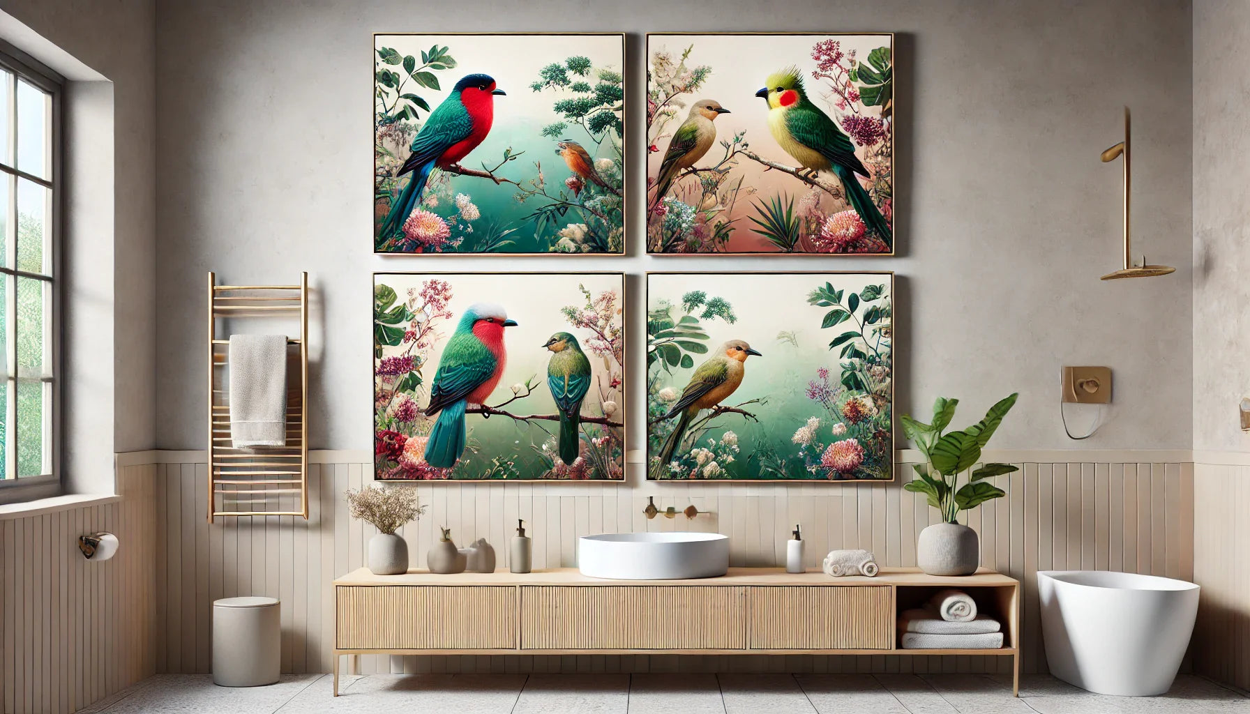Une composition élégante regroupant des tableaux d’oiseaux exotiques aux couleurs vibrantes, parfaitement adaptés pour sublimer une salle de bain raffinée. Chaque œuvre illustre la beauté et l’harmonie de la nature, apportant une touche de sérénité à votr