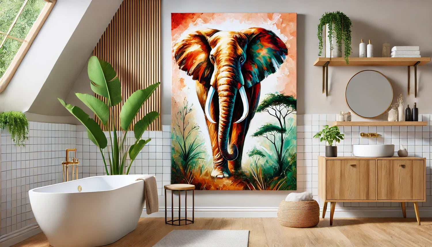Tableau éléphant vibrant inspiré de la savane, affiché dans une salle de bain moderne et élégante. Le tableau présente un éléphant majestueux dans des teintes vives et dynamiques, entouré d’un environnement calme et apaisant, parfait pour une décoration e