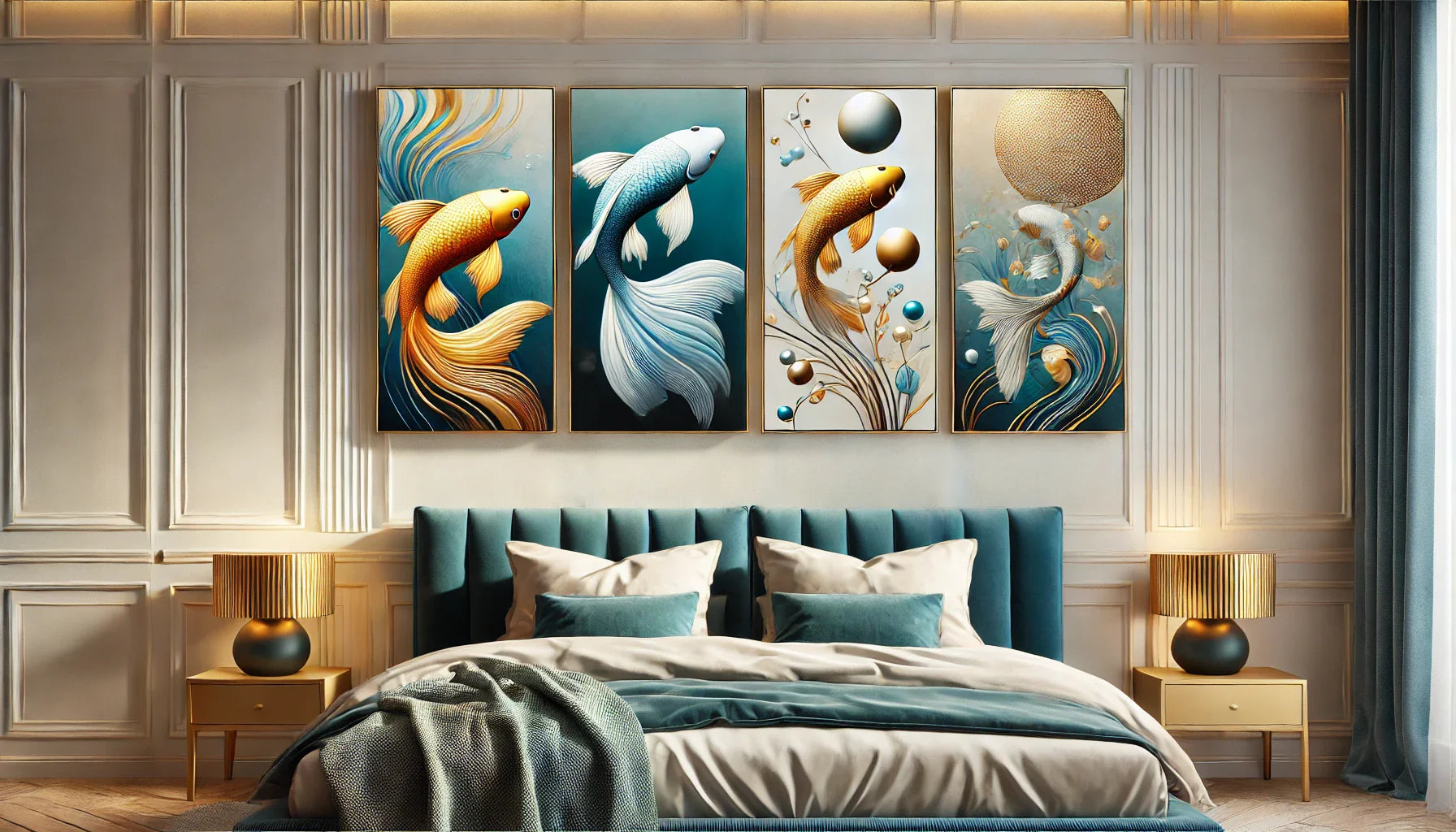 Une composition horizontale regroupant quatre tableaux artistiques sur le thème des poissons, dans des teintes pastel vibrantes de bleu, doré et blanc, affichés sur un mur moderne avec une lumière ambiante douce. Ces œuvres évoquent la tranquillité et l'é