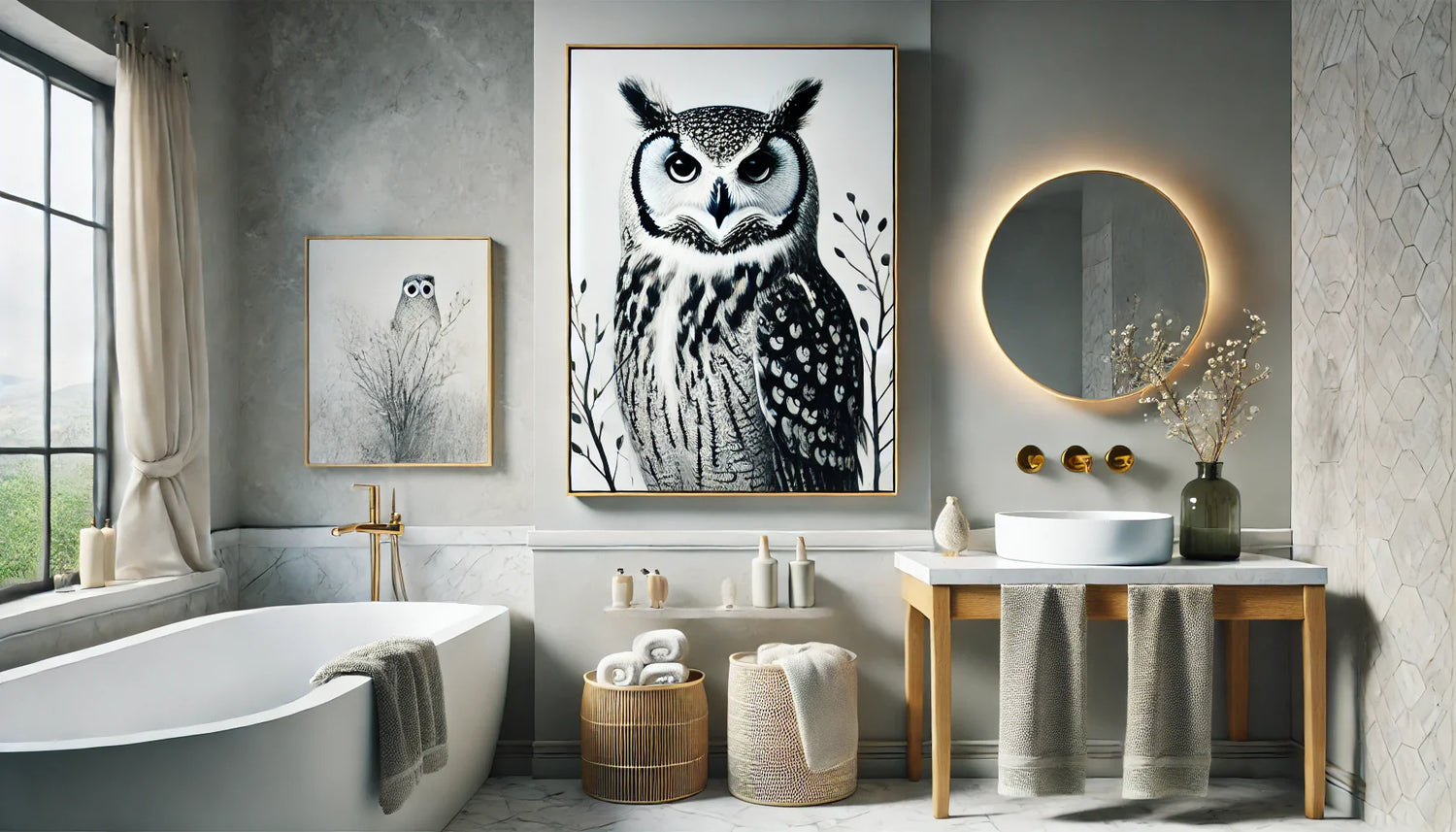 Tableau chouette minimaliste en noir et blanc dans une salle de bain moderne, avec des tons neutres et une ambiance apaisante. Parfait pour une décoration zen et épurée.