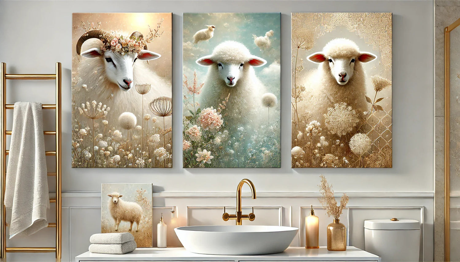 Quatre tableaux artistiques mettant en scène des moutons dans différents styles : pastoral, éthéré, floral, et champêtre. Une composition horizontale élégante et lumineuse, parfaite pour décorer une salle de bain relaxante et inspirante.