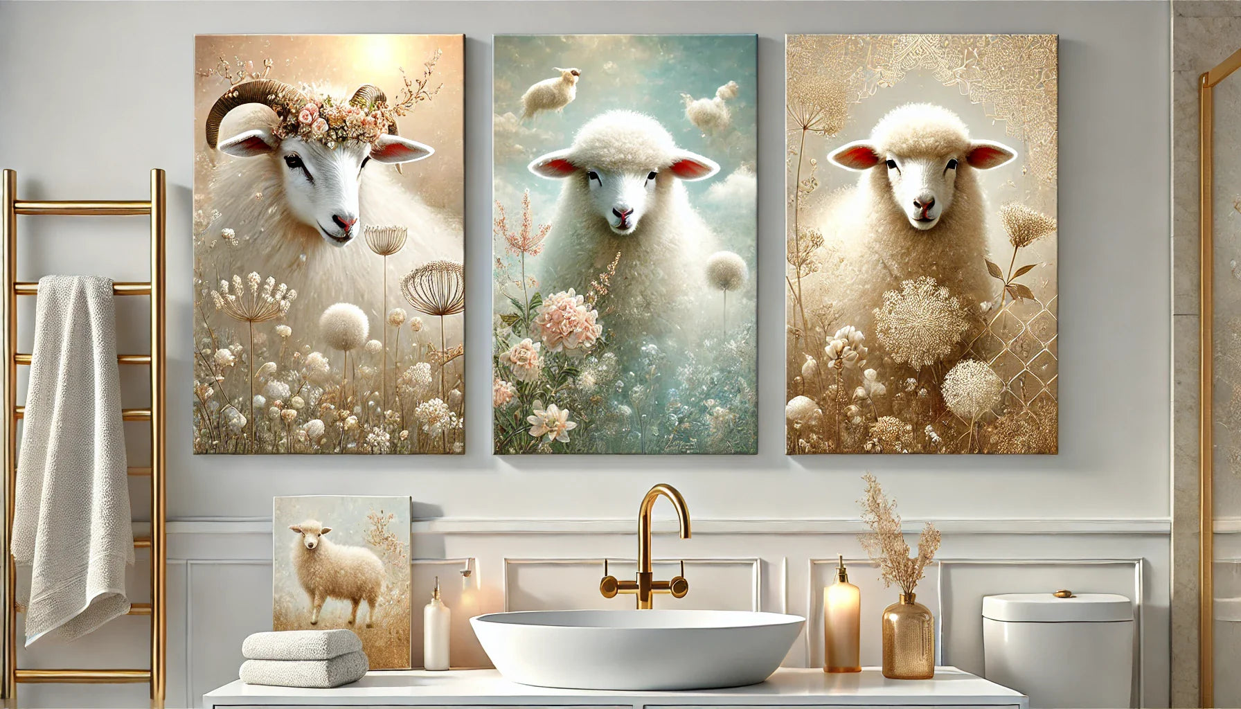 Quatre tableaux artistiques mettant en scène des moutons dans différents styles : pastoral, éthéré, floral, et champêtre. Une composition horizontale élégante et lumineuse, parfaite pour décorer une salle de bain relaxante et inspirante.