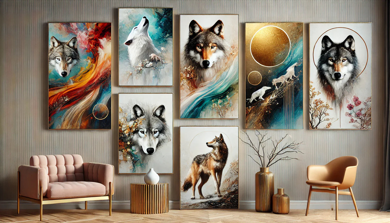 "Une composition horizontale présentant cinq tableaux loup aux styles variés, parfaits pour décorer un bureau. Chaque tableau met en avant une facette unique : dynamisme, sérénité, naturel, abstraction et minimalisme, avec des tons harmonieux adaptés à un