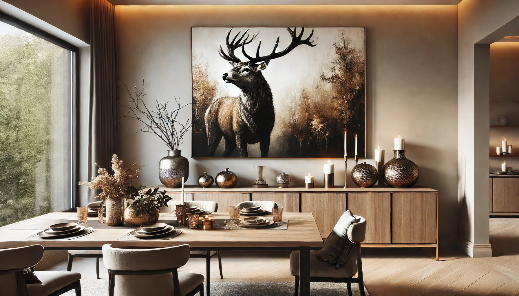 Un tableau de cerf en clair-obscur décorant une salle à manger élégante aux tons neutres. La pièce comprend un buffet moderne et des accessoires dorés, créant une ambiance chaleureuse et raffinée.
